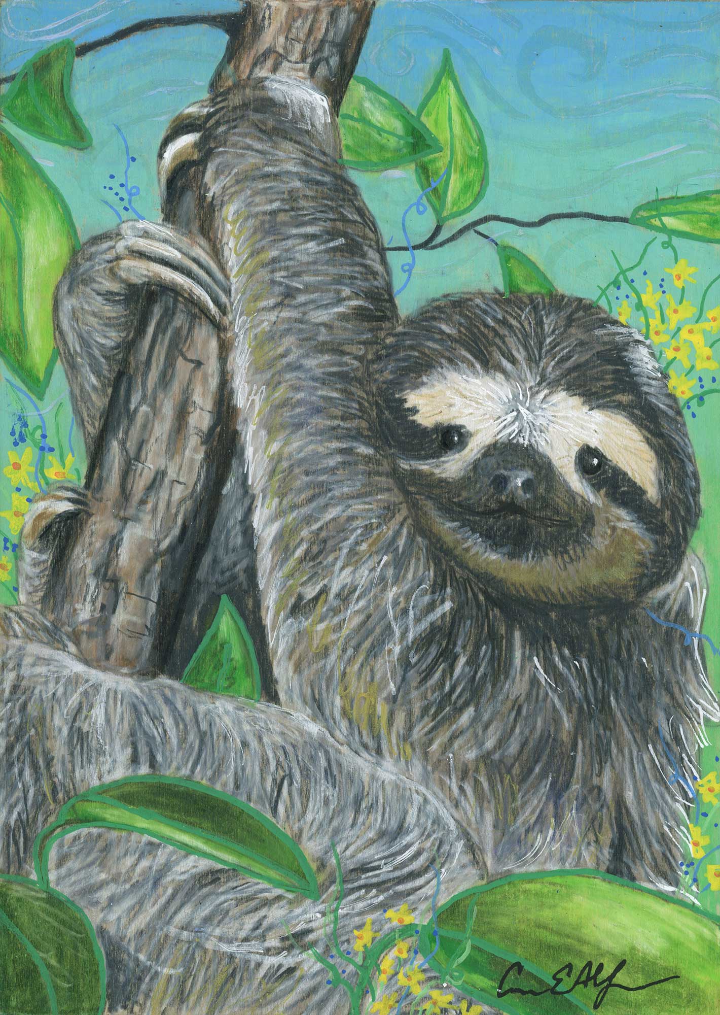 SOLD - "Hanging Around", 5" x 7", mixed media
