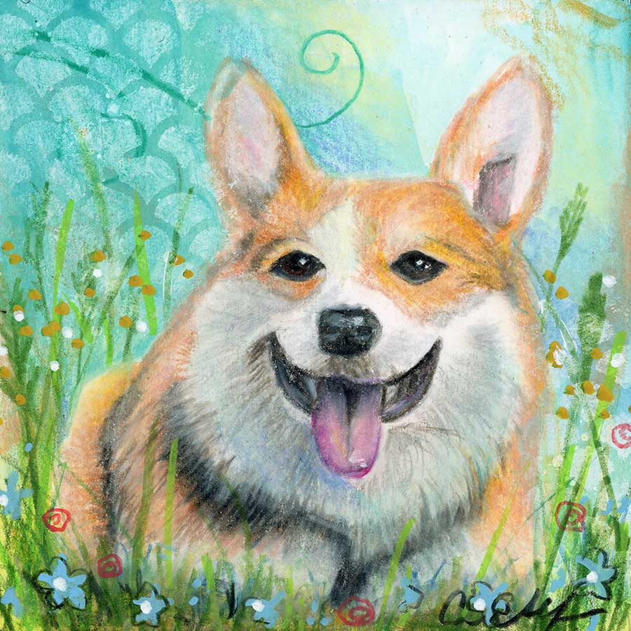 SOLD - Happy Dog, 4" x 4", mixed media