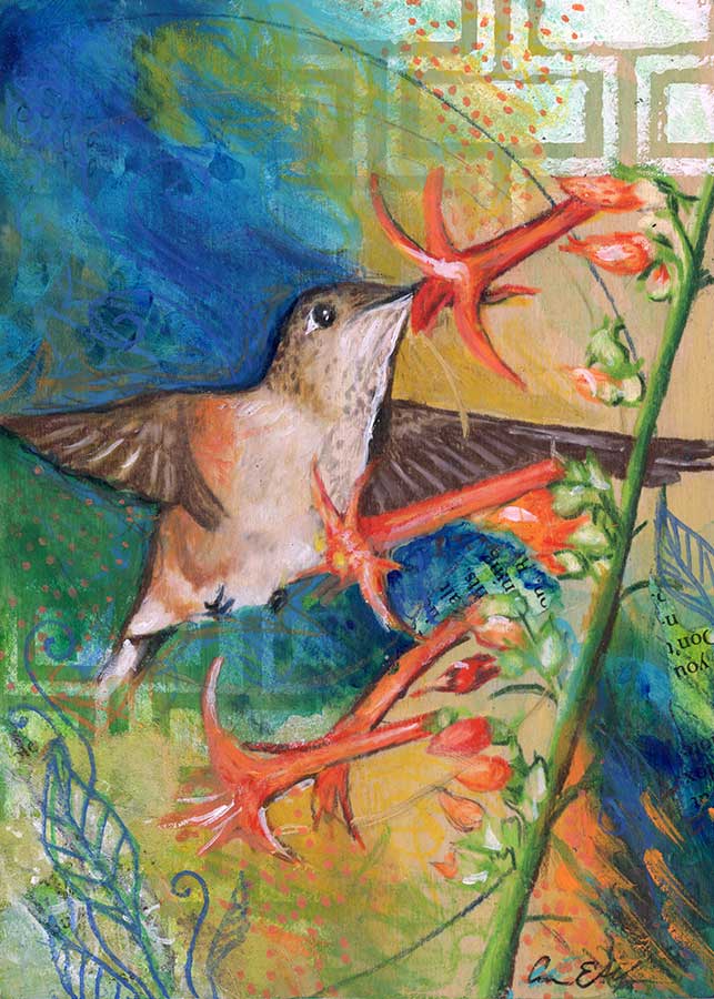 SOLD - Hungry Hummer, 5" x 7", mixed media