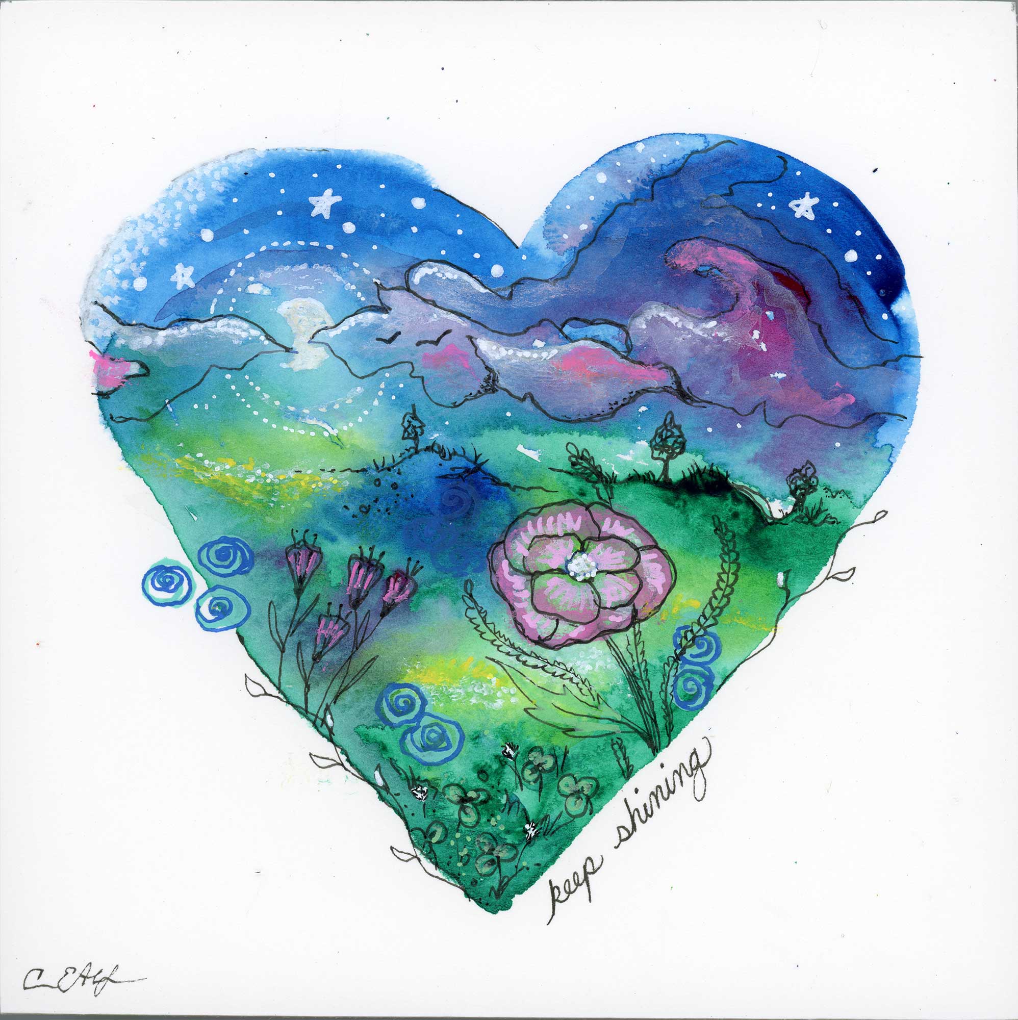 SOLD - Keep Shining Heart, 6" x 6", mixed media