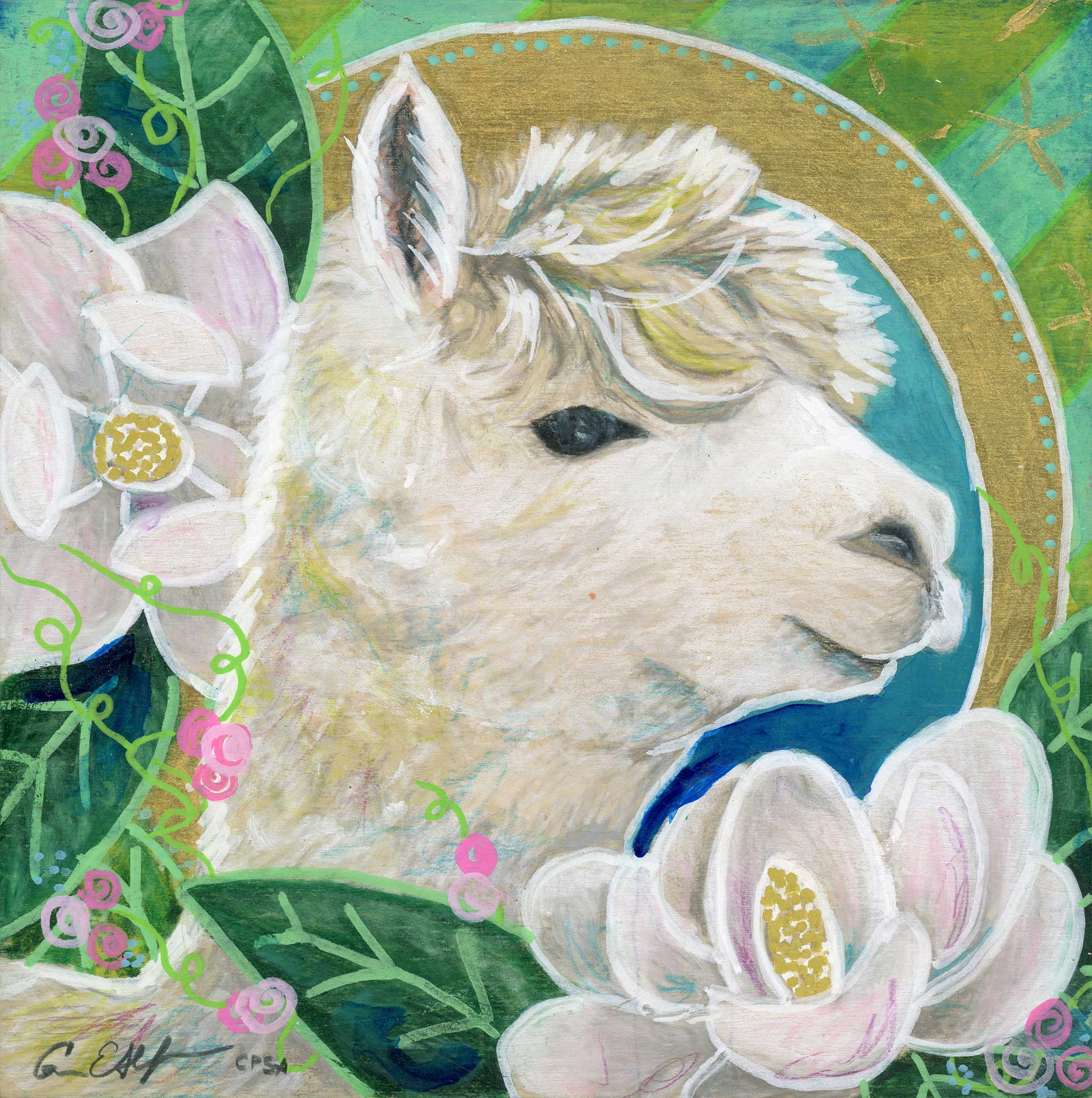 SOLD - "Llama in Magnolias", 6" x 6", mixed media