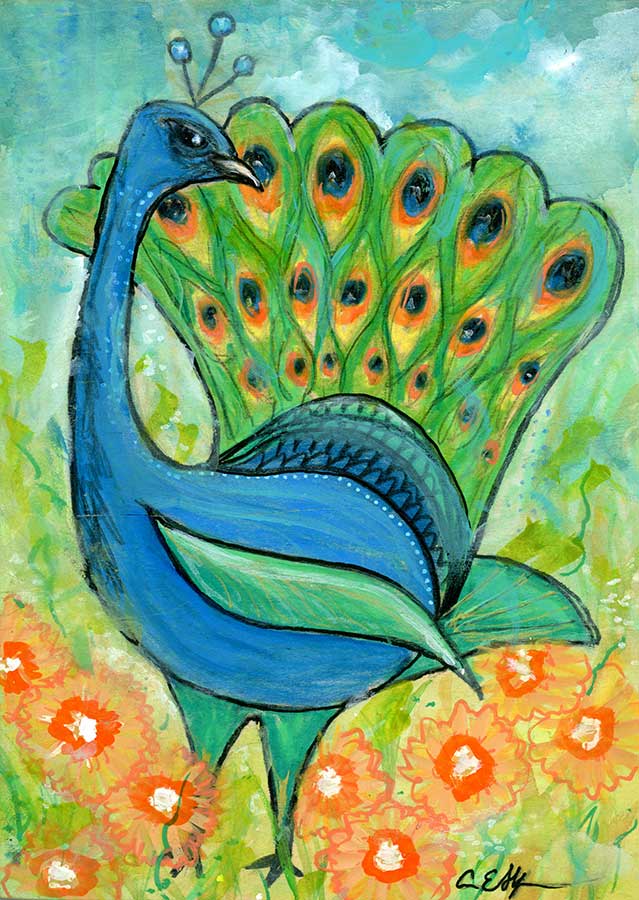SOLD - "Mod Peacock in Orange Flowers, 5" x 7", mixed media