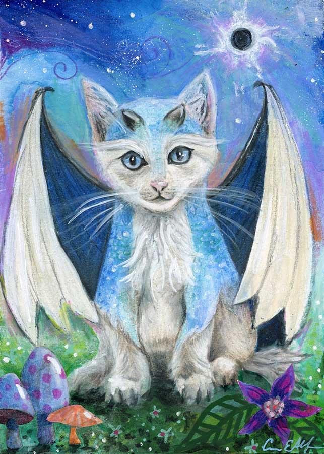 Mystical Cat Dragon, 5" x 7", mixed media