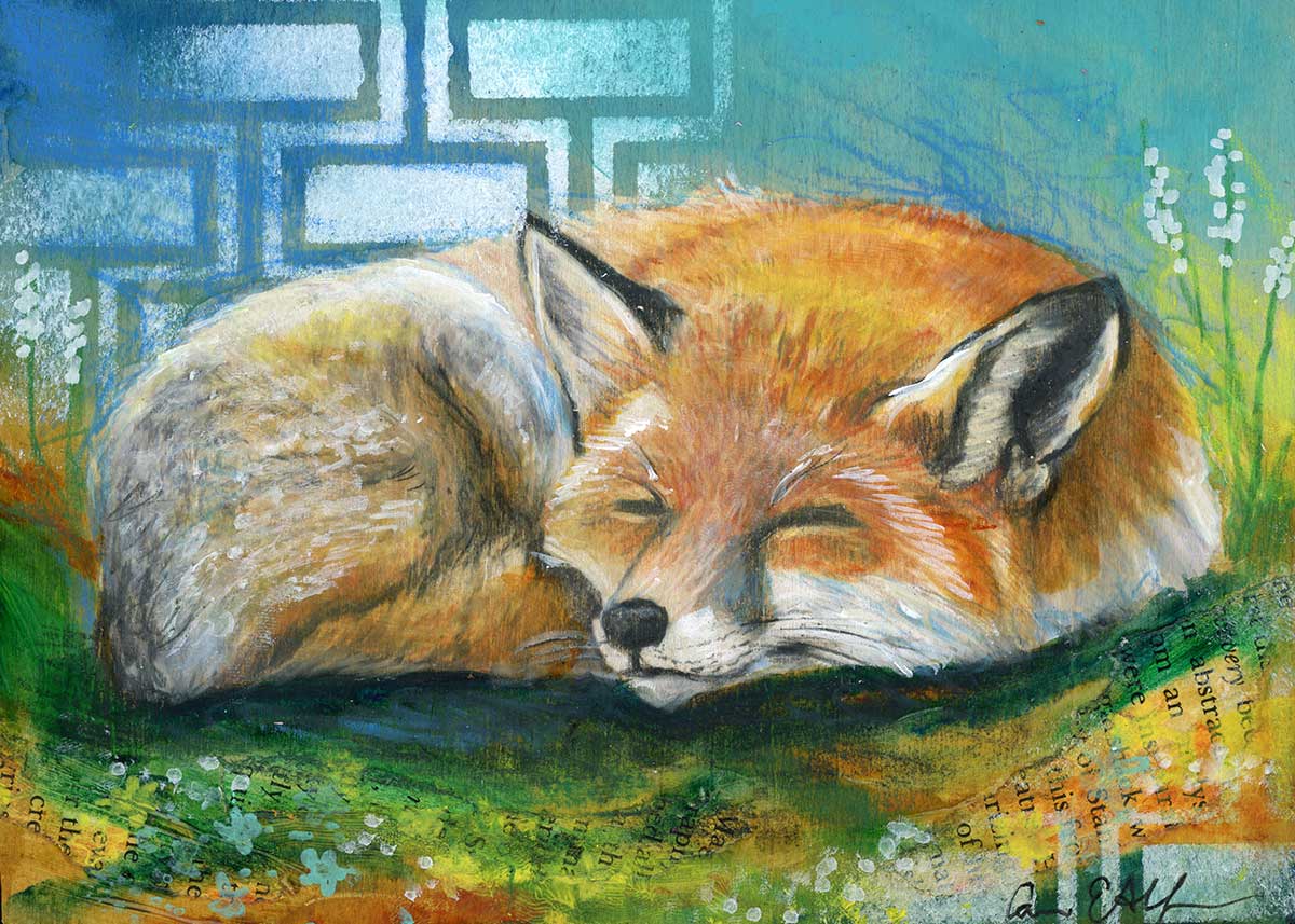SOLD - Napping Fox, 7" x 5", mixed media