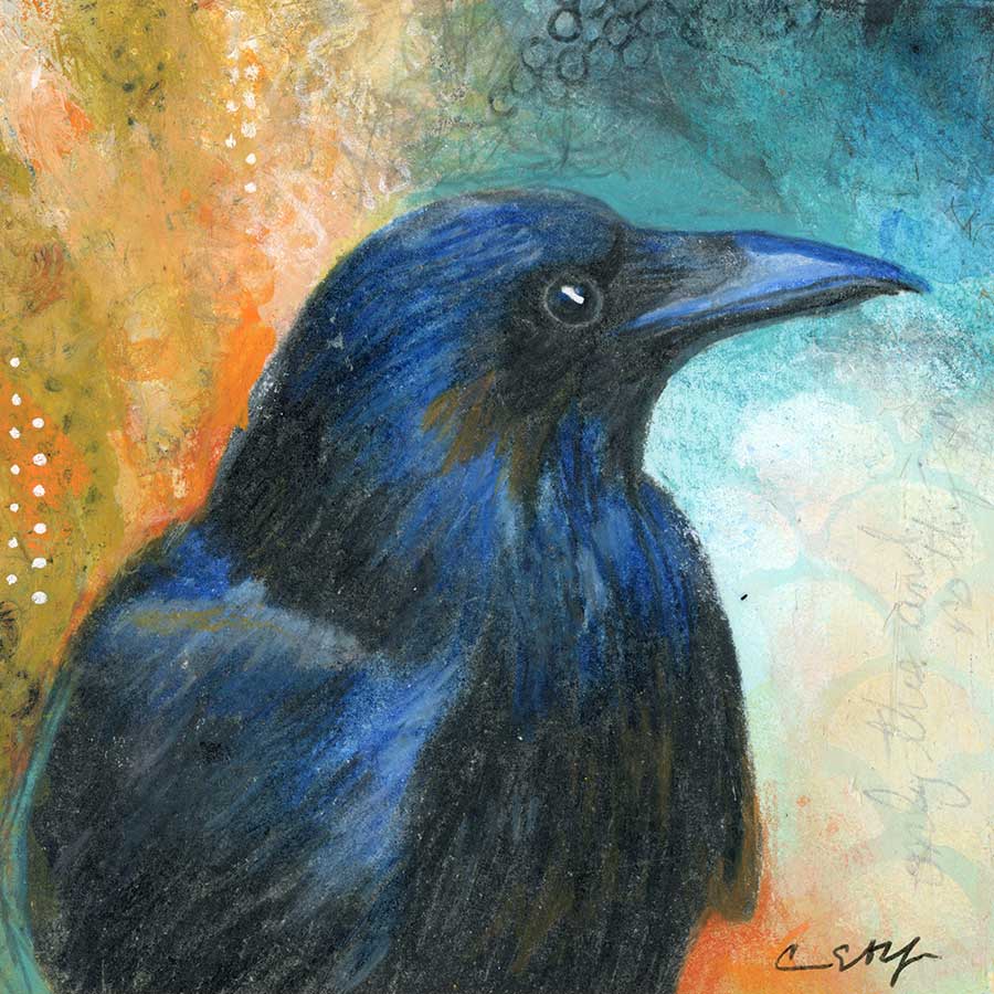 SOLD - Nevermore, 4" x 4", mixed media