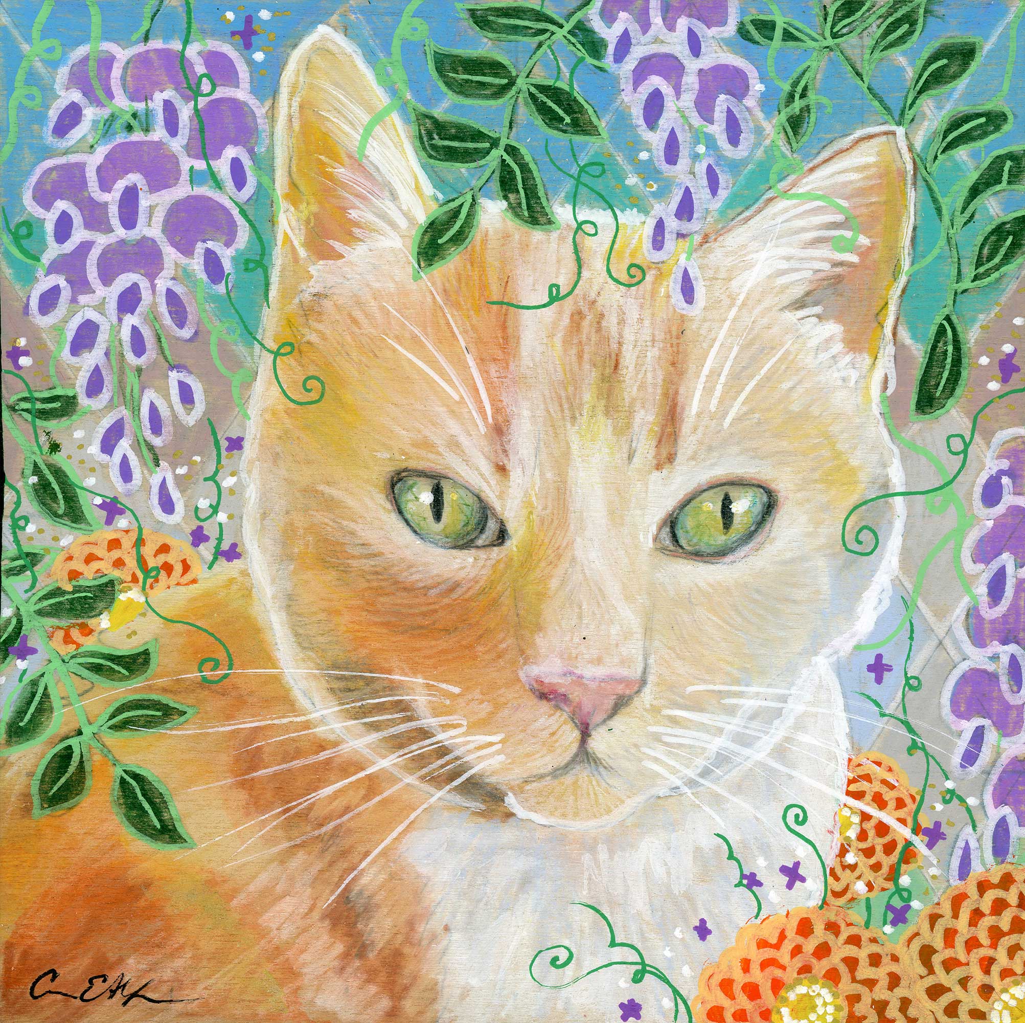 SOLD - "Orange Tabby and Wisteria", 6" x 6", mixed media