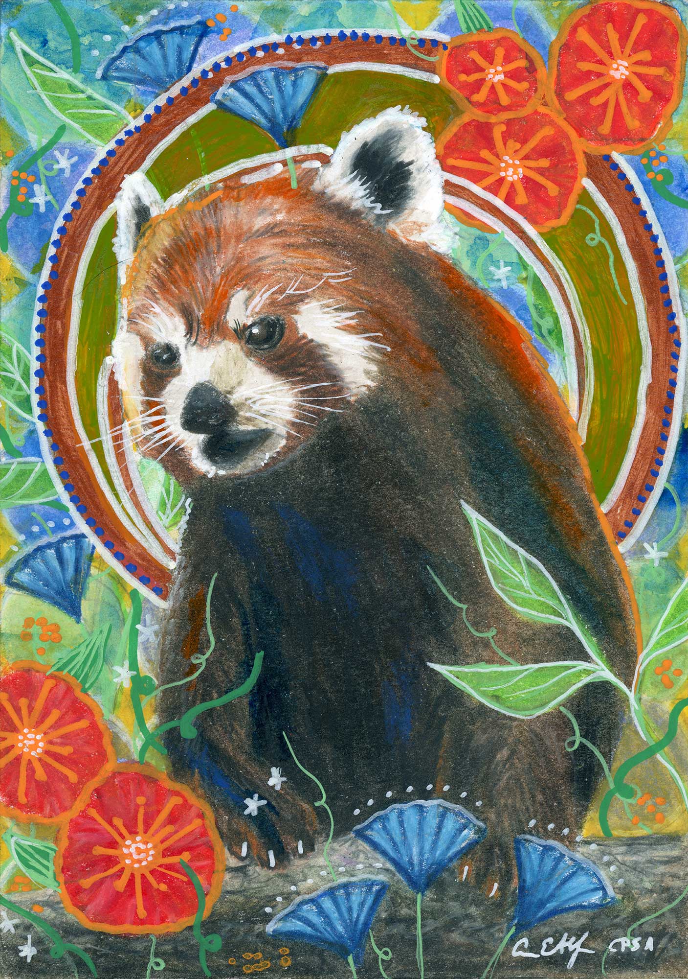 SOLD - "Red Panda Speaks", 5" x 7", mixed media