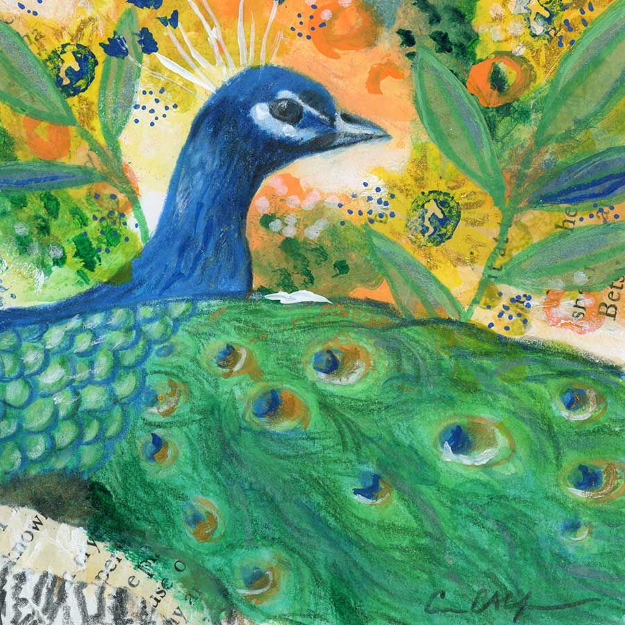SOLD - Regal Peacock, 4" x 4", mixed media