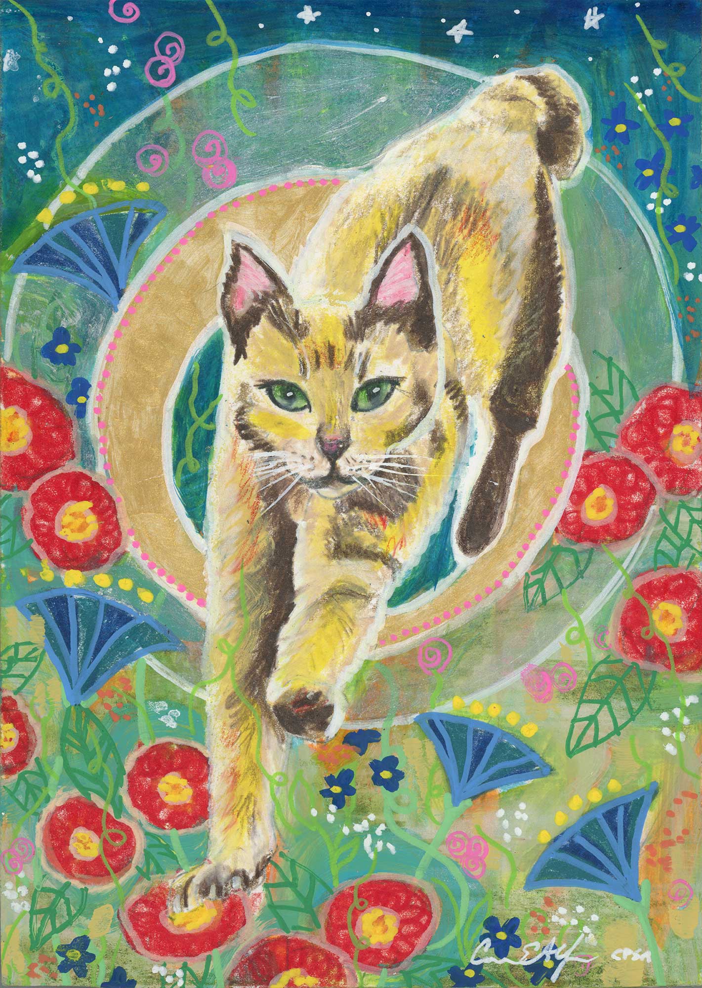 SOLD - "Running Cat", 5" x 7", mixed media