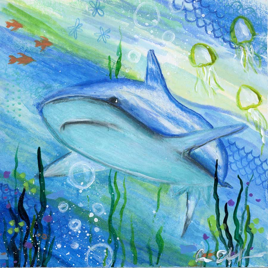 SOLD - Shark, 4" x 4", mixed media