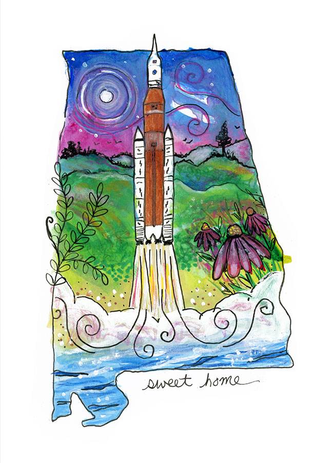 SOLD - SLS Takes Flight (AL), 5" x 7", mixed media