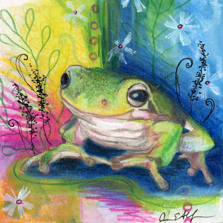SOLD - Smiling Frog, 4" x 4", mixed media
