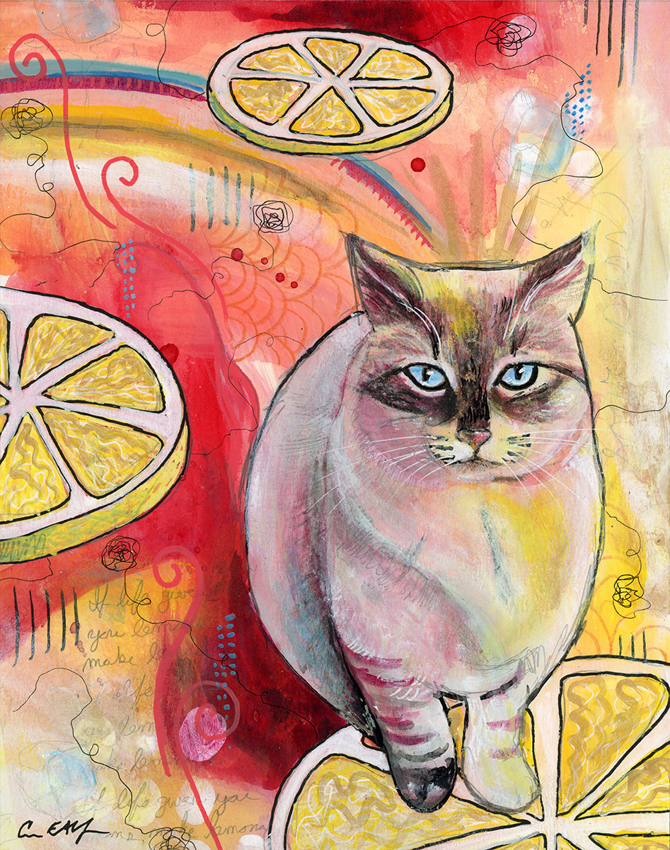 SOLD - Sour Puss #2, 8" x 10", mixed media