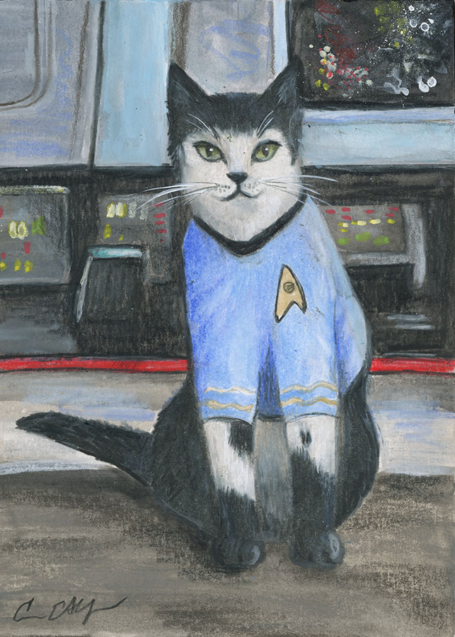 Spock Cat, 5" x 7", mixed media