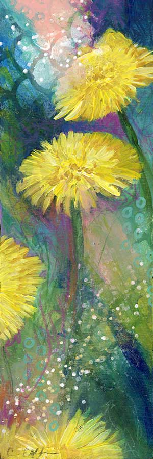 SOLD - Spring Dandelions, 3" x 9", mixed media