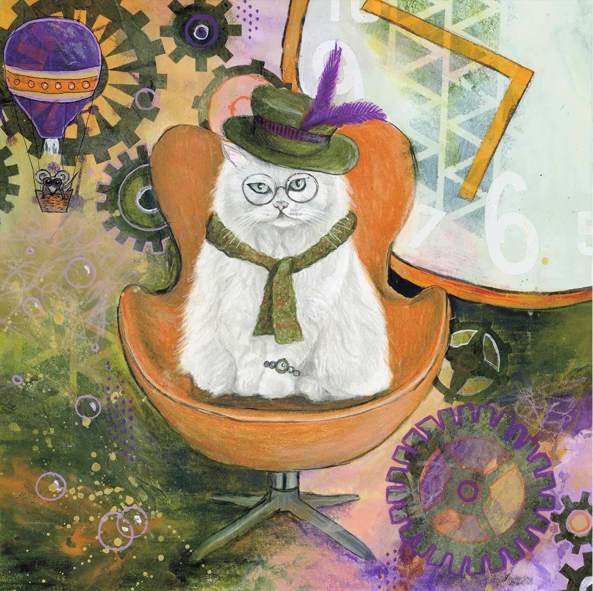 Steampunk Cat, 12" x 12", mixed media