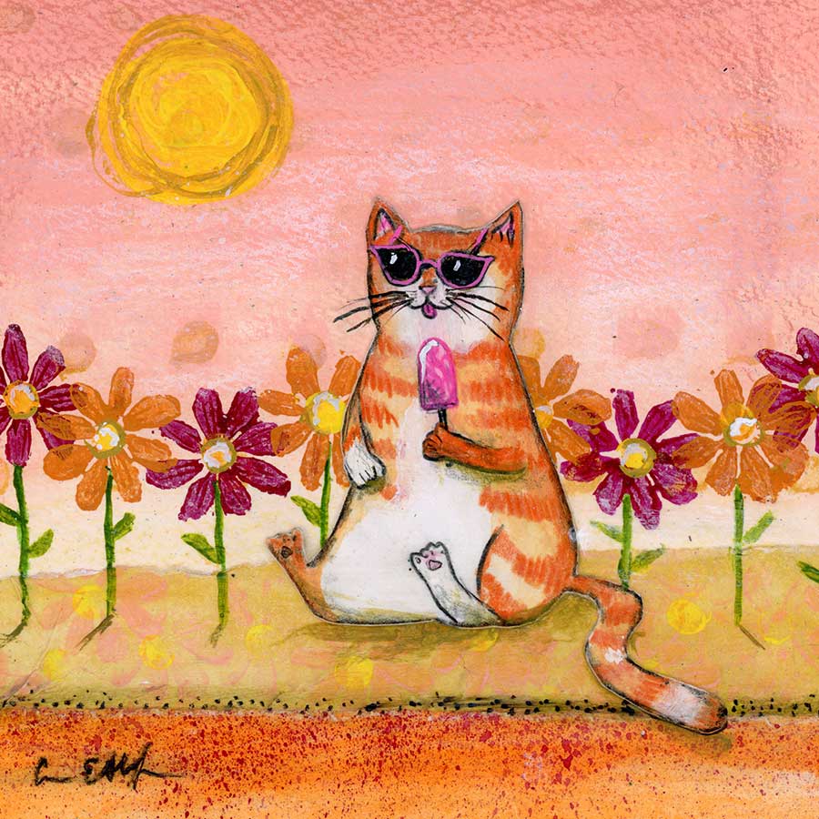 Summer Cat, 6" x 6", mixed media
