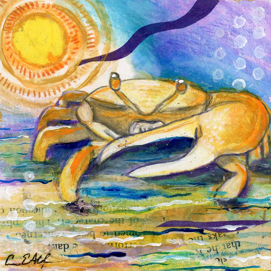 SOLD - Sunny but Crabby, 4" x 4", mixed media