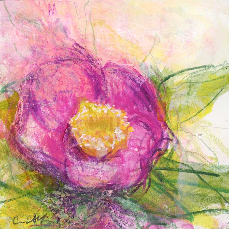 SOLD - Sweet Camellia, 4" x 4", mixed media