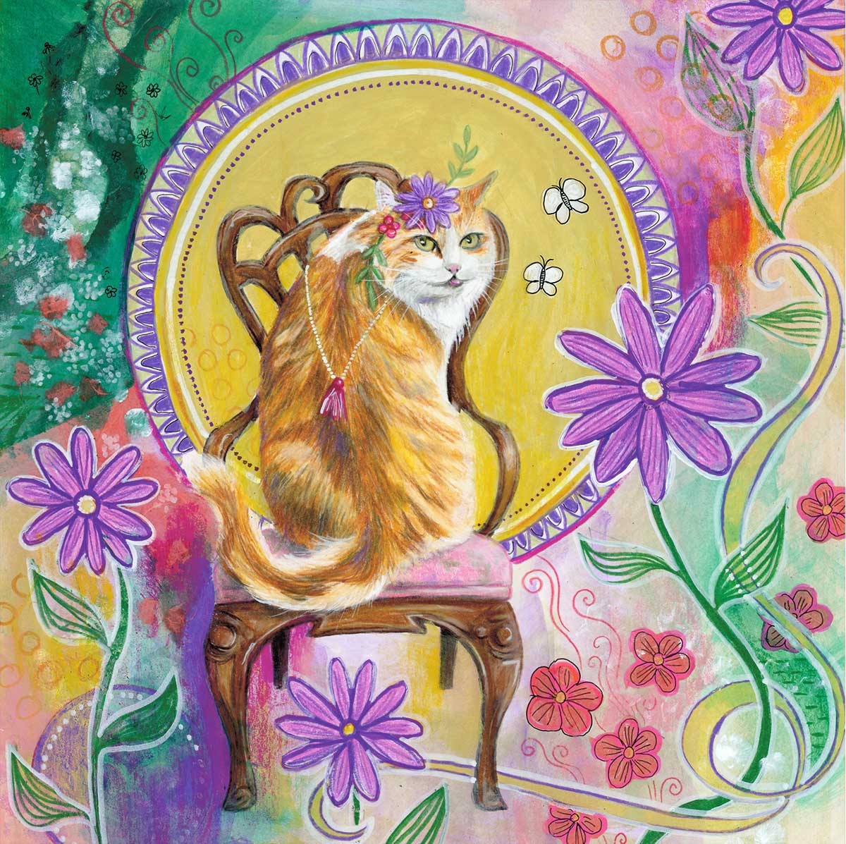 SOLD - Art Nouveau Cat, 12" x 12", mixed media