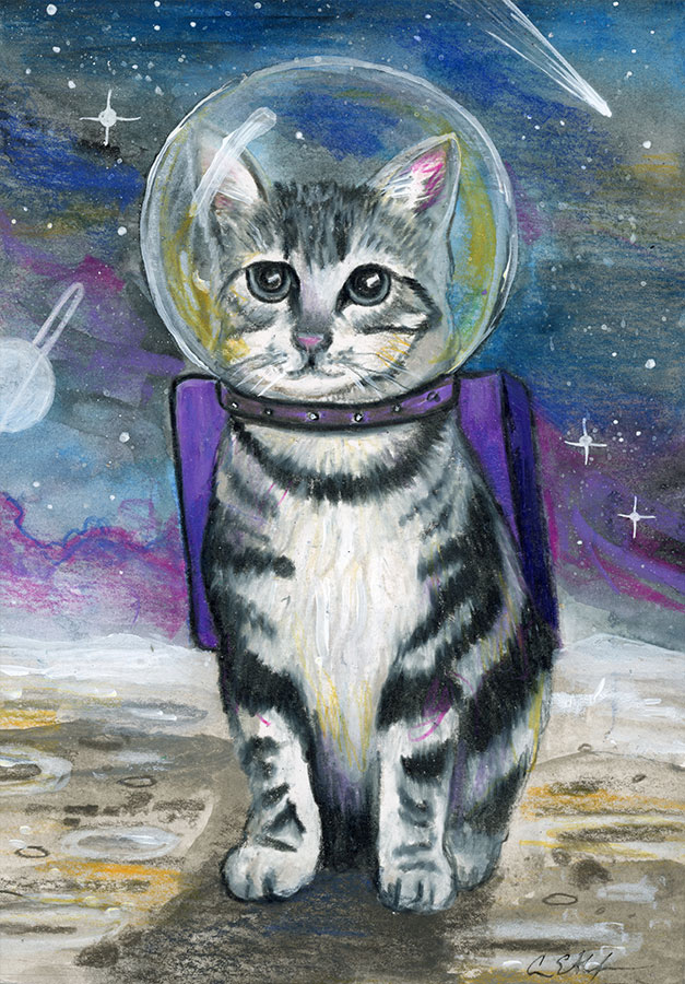 SOLD - Tabby Astronaut, 5" x 7", mixed media