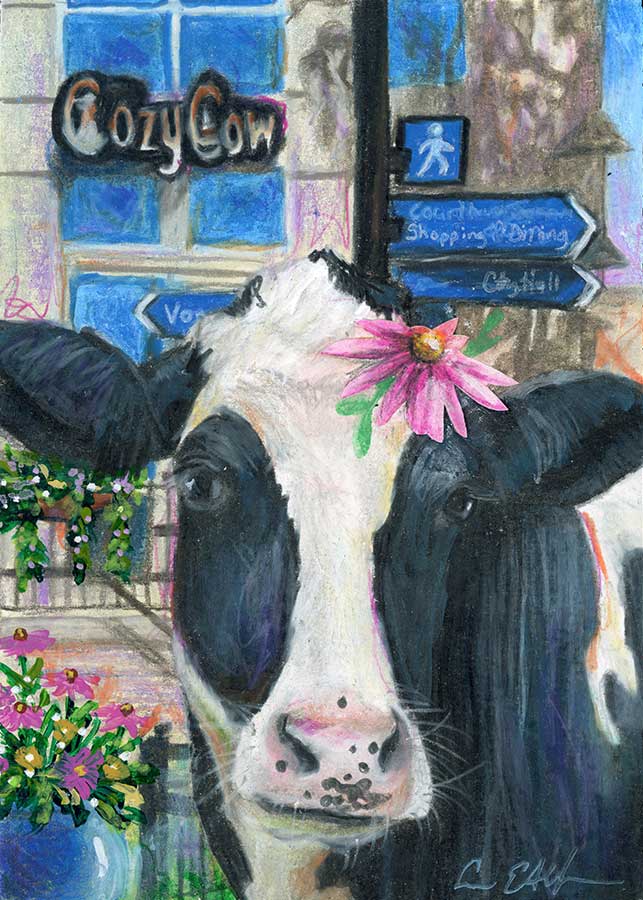The Cozy Cow, 5" x 7", mixed media