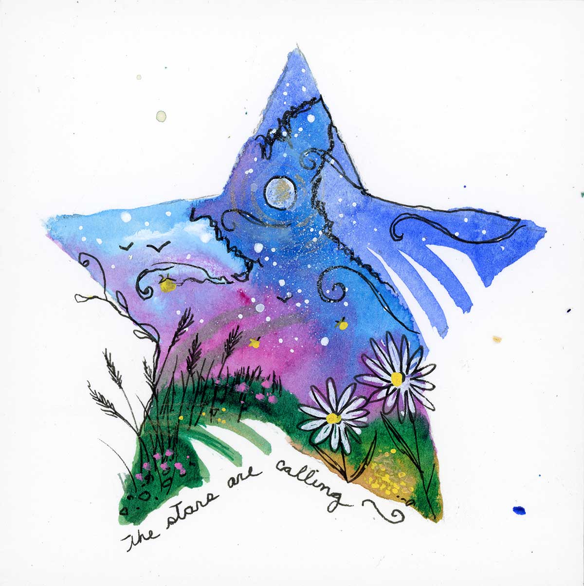 SOLD - The Stars are Calling, 4" x 4", mixed media