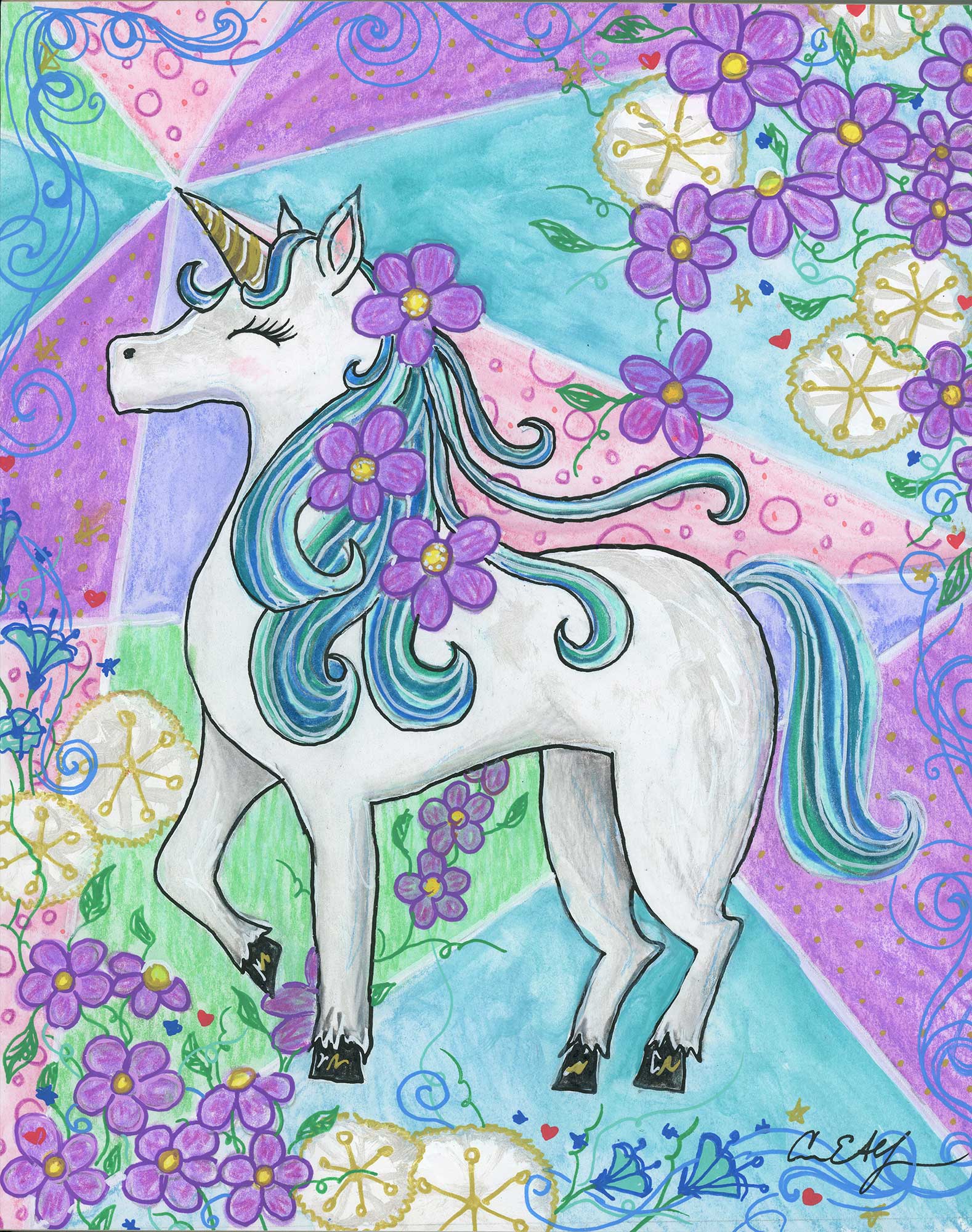 SOLD - Unicorn with Purple Flowers