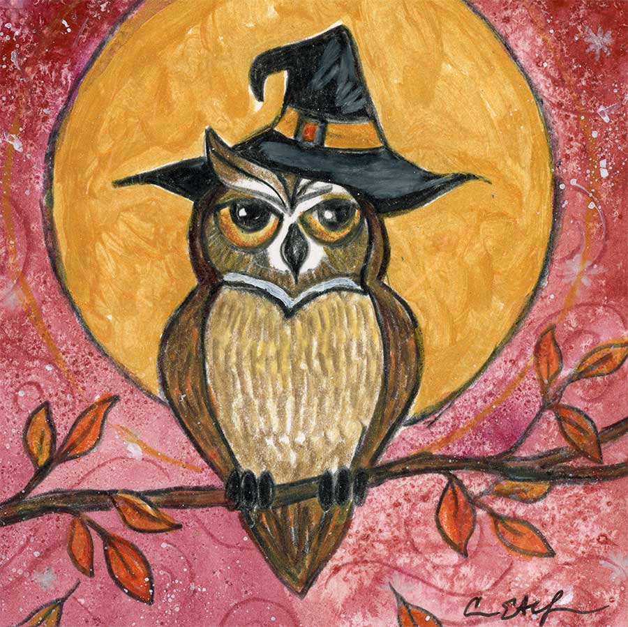 SOLD - Witchy Owl, 4" x 4", mixed media