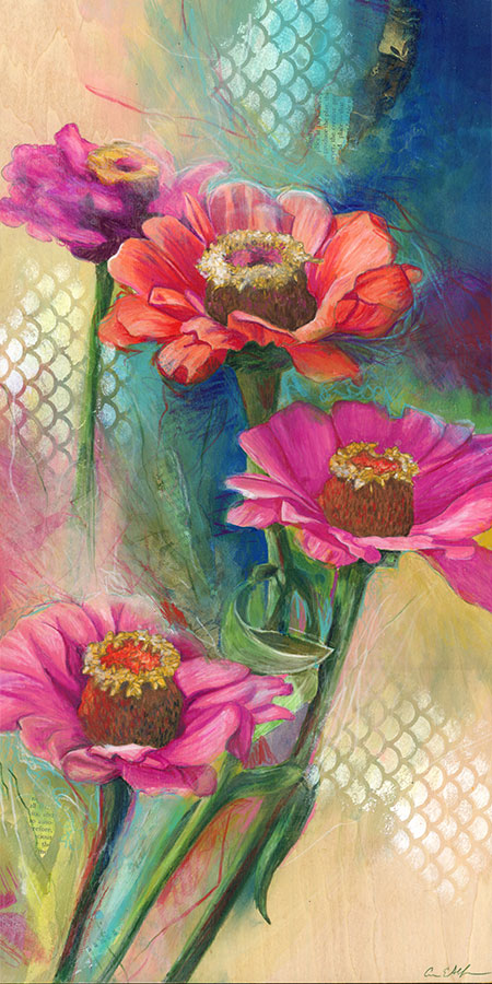 SOLD - Zinnias, 12" x 24", mixed media