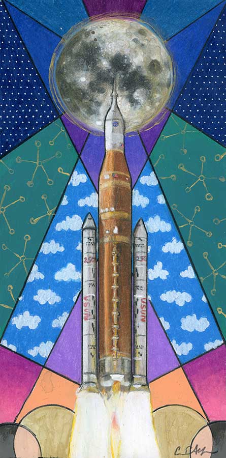SOLD - Artemis II Launch, 6" x 12", mixed media