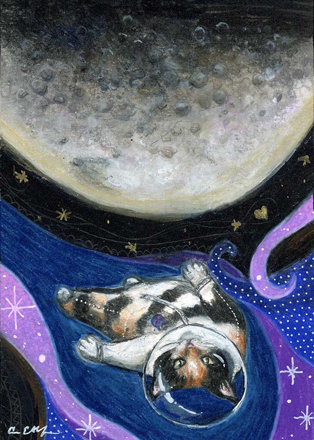 Bat the Moon, 5" x 7", mixed media