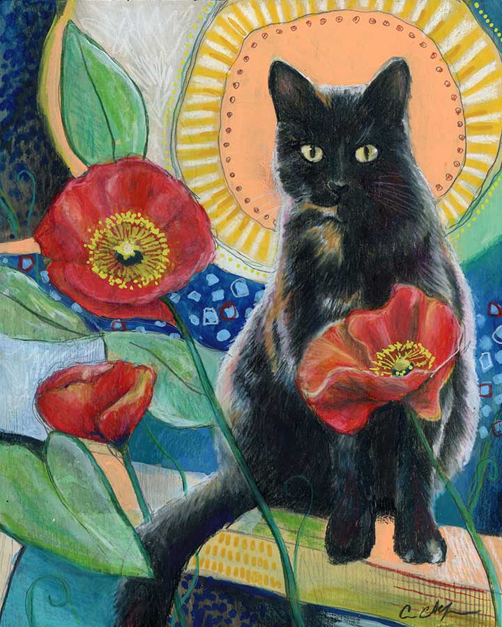Black Cat and Poppies, 8" x 10", mixed media