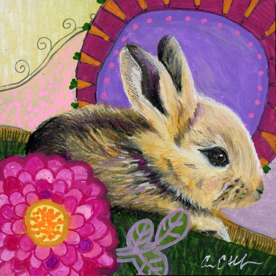 Bunny and Zinnia, 4" x 4", mixed media
