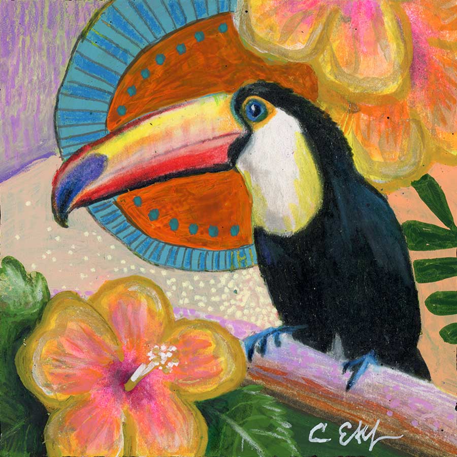 Toucan Party, 4" x 4", mixed media